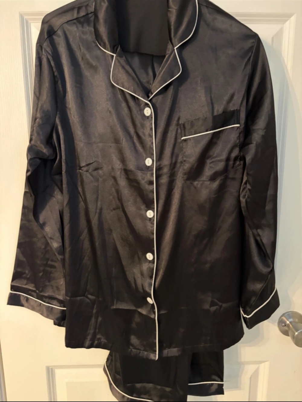 Silky Black Long-Sleeve Pajama Top with White Piping